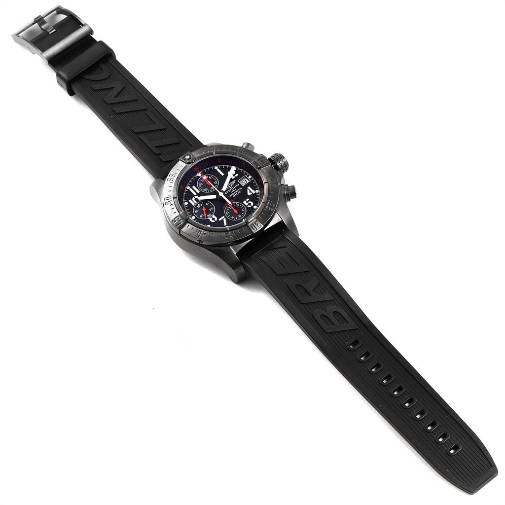 The Breitling Avenger M13380 Men's Stainless Steel Black Dial M13380 Men's Stainless Steel Black Dial watch is shown from a top-down angle, displaying the face, bezel, pushers, crown, and strap.