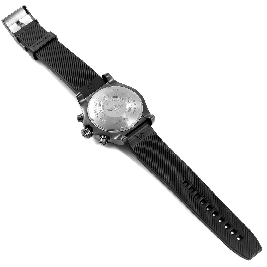 The image shows the back view of a Breitling Avenger M13380 Men's Stainless Steel Black Dial M13380 Men's Stainless Steel Black Dial watch, highlighting its case back, strap, and buckle.