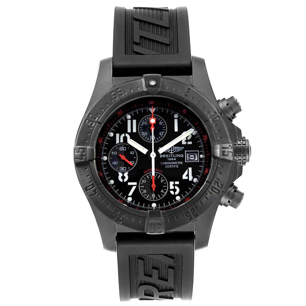 The image shows a front view of the Breitling Avenger M13380 Men's Stainless Steel Black Dial M13380 Men's Stainless Steel Black Dial watch, highlighting its black case, dial, and rubber strap.