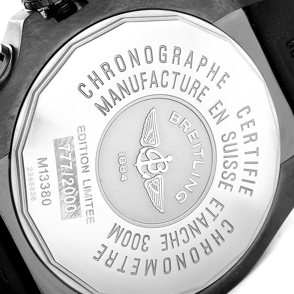 The image shows the back case of a Breitling Avenger M13380 Men's Stainless Steel Black Dial M13380 Men's Stainless Steel Black Dial watch, highlighting engravings and limited edition details.