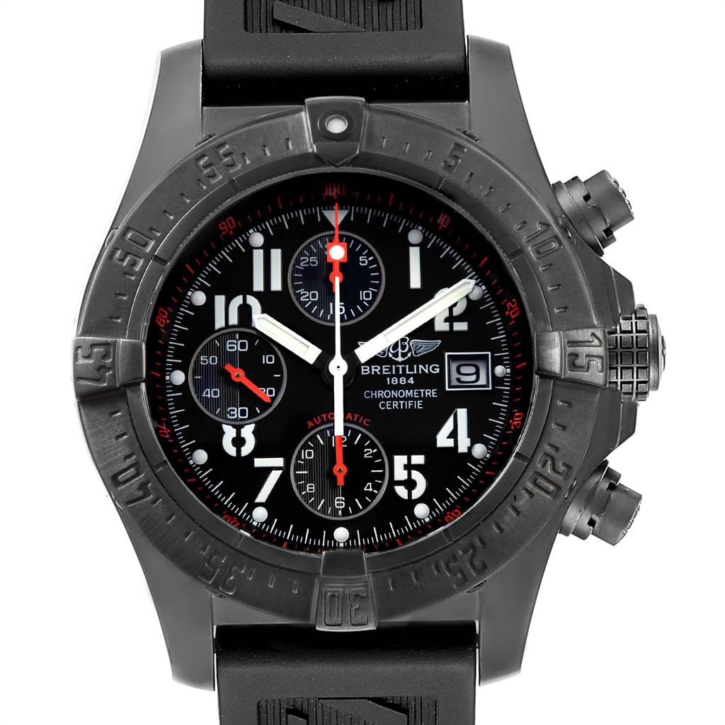 This image shows a front view of a Breitling Avenger M13380 Men's Stainless Steel Black Dial M13380 Men's Stainless Steel Black Dial watch, highlighting its dial, subdials, bezel, and crown.