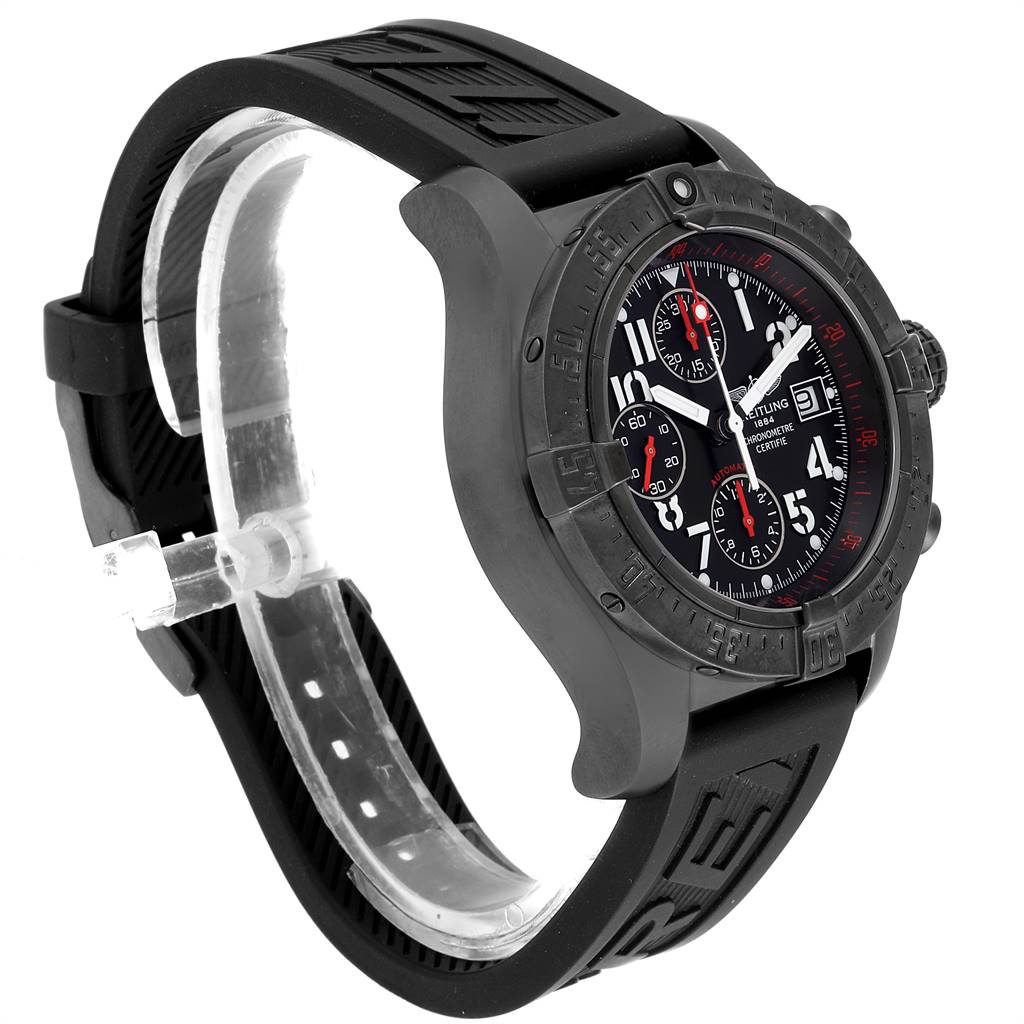 This image shows a side angle of the Breitling Avenger M13380 Men's Stainless Steel Black Dial M13380 Men's Stainless Steel Black Dial watch, highlighting the band, bezel, and face with visible chronographs.