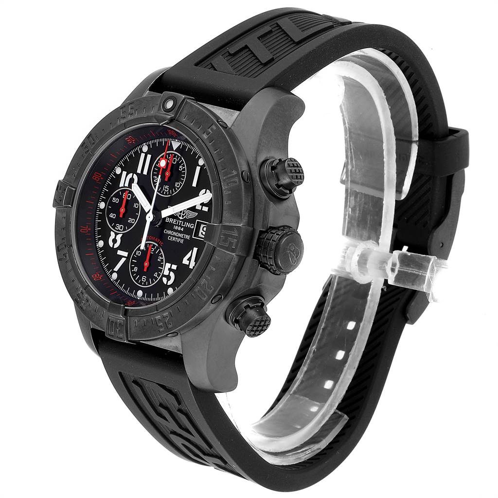 The Breitling Avenger M13380 Men's Stainless Steel Black Dial M13380 Men's Stainless Steel Black Dial watch is shown at a slight side angle, displaying its face, bezel, and rubber strap.