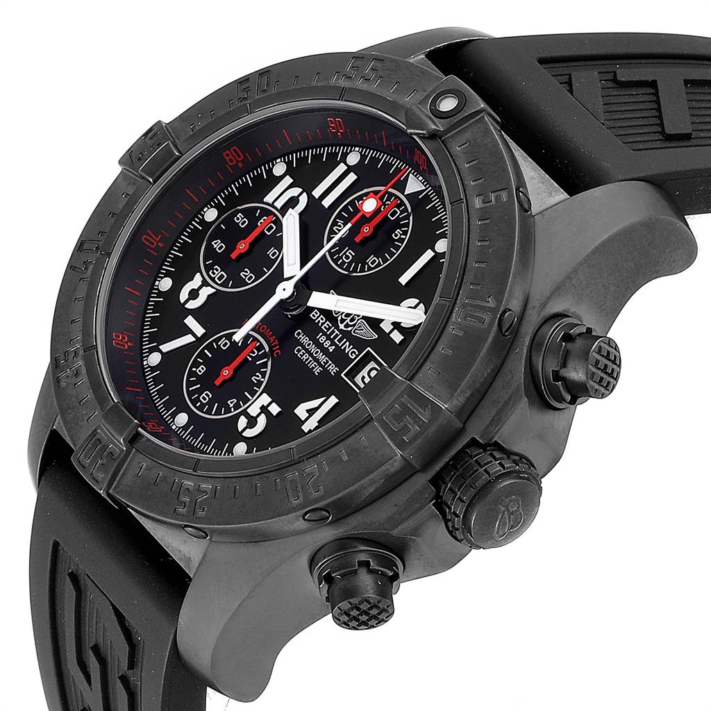 The image shows a Breitling Avenger M13380 Men's Stainless Steel Black Dial M13380 Men's Stainless Steel Black Dial watch at an angle, highlighting its face, bezel, chronograph buttons, and rubber strap.