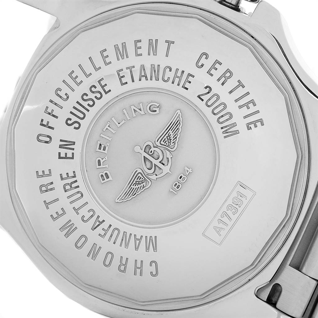 This image shows the case back of a Breitling Superocean A17391 Men
s Stainless Steel Black Dial A17391 Men
s Stainless Steel Black Dial watch with engraved details and logos.