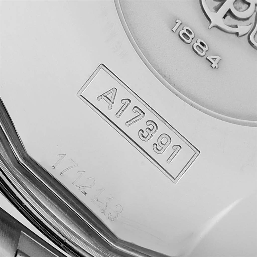 The image shows a close-up of the case back of a Breitling Superocean A17391 Men
s Stainless Steel Black Dial A17391 Men
s Stainless Steel Black Dial watch, displaying its model number "A17391" and other details.