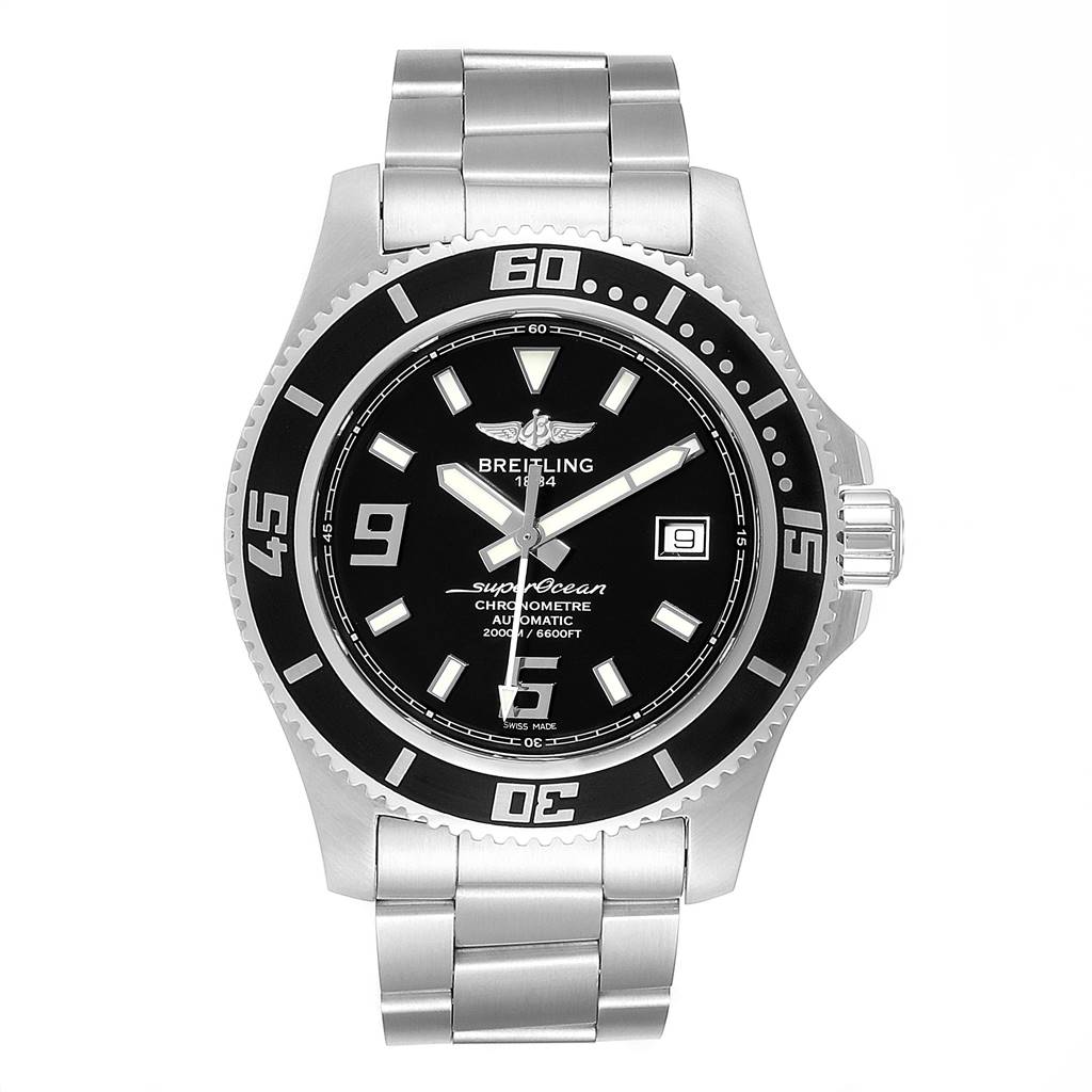 This image shows a front view of the Breitling Superocean A17391 Men
s Stainless Steel Black Dial A17391 Men
s Stainless Steel Black Dial watch, highlighting the bezel, dial, hands, and bracelet.