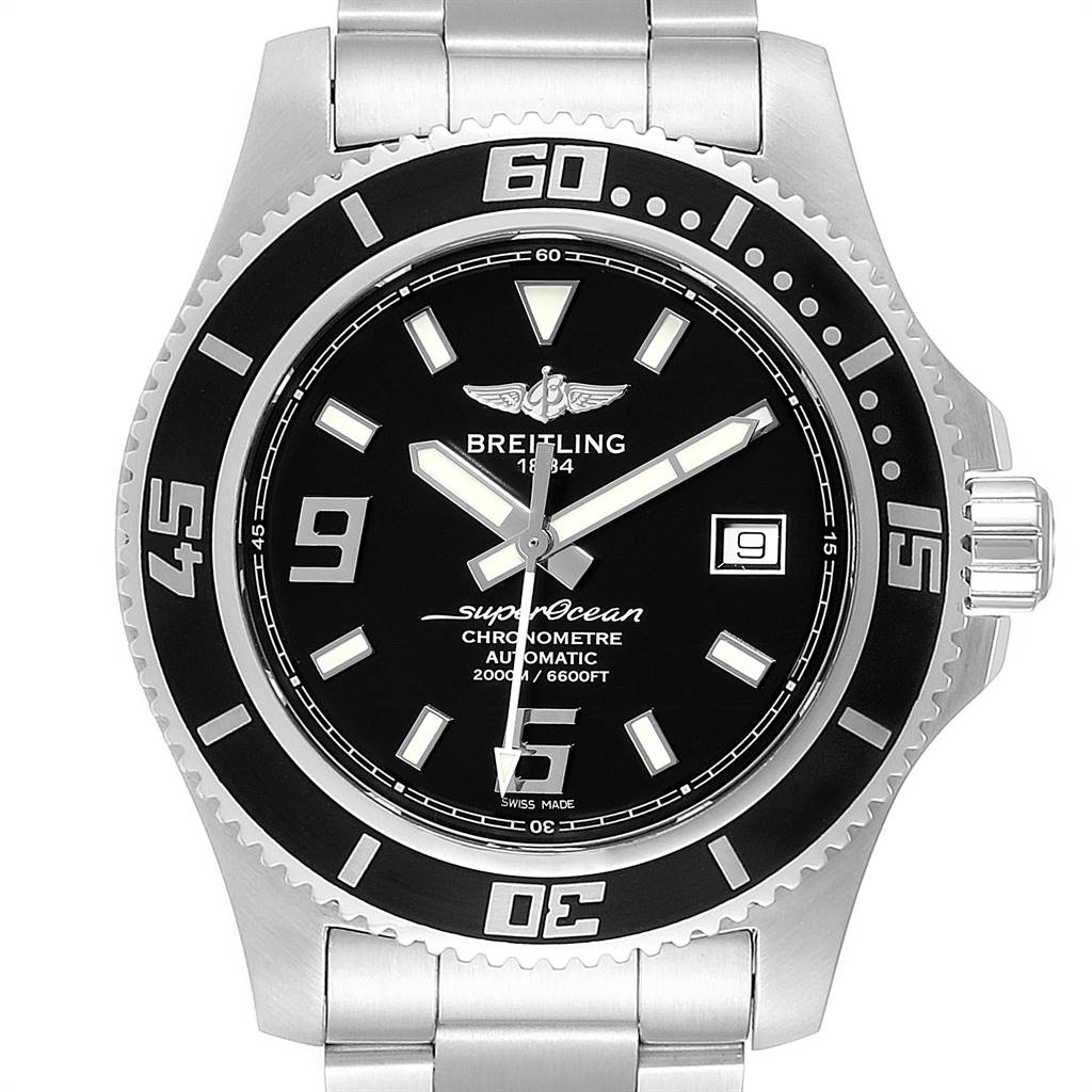 The image shows a front view of the Breitling Superocean A17391 Men
s Stainless Steel Black Dial A17391 Men
s Stainless Steel Black Dial watch, displaying its dial, bezel, and part of the bracelet.