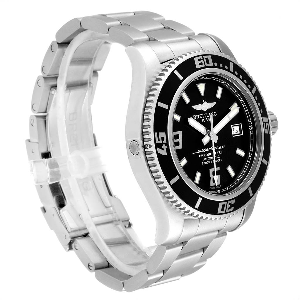 The image shows a side angle of the Breitling Superocean A17391 Men
s Stainless Steel Black Dial A17391 Men
s Stainless Steel Black Dial watch, focusing on its black dial, bezel, and metal bracelet.