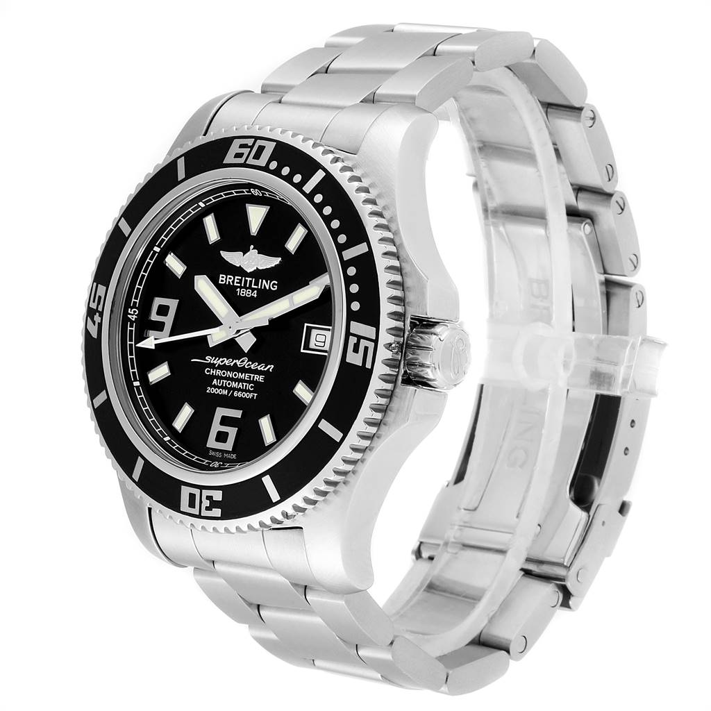 The image shows a Breitling Superocean A17391 Men
s Stainless Steel Black Dial A17391 Men
s Stainless Steel Black Dial watch at an angle highlighting its face, bezel, crown, and stainless steel band.