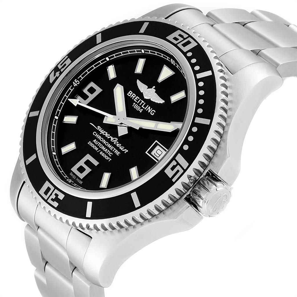 The image showcases a Breitling Superocean A17391 Men
s Stainless Steel Black Dial A17391 Men
s Stainless Steel Black Dial watch from a slightly angled right-front view, highlighting the dial, bezel, and bracelet.
