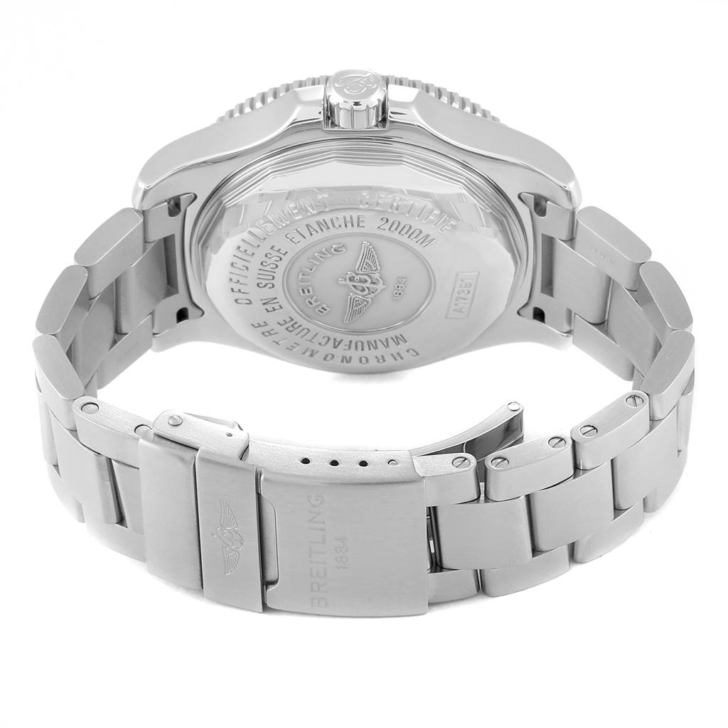 The image shows the back case, crown, and bracelet clasp of a Breitling Superocean A17391 Men
s Stainless Steel Black Dial A17391 Men
s Stainless Steel Black Dial watch from a rear angle.