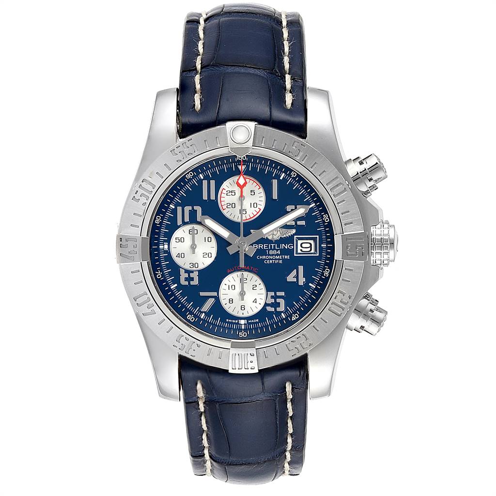 The image shows a frontal view of a Breitling Avenger A13381 Men's Stainless Steel Blue Dial A13381 Men's Stainless Steel Blue Dial watch with a blue dial, silver case, and blue leather strap.