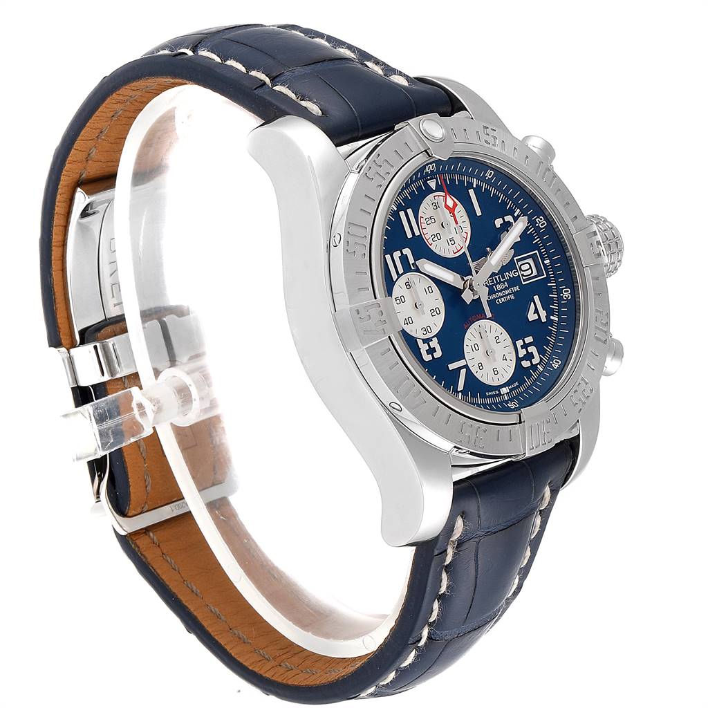 The image shows a side angle of a Breitling Avenger A13381 Men's Stainless Steel Blue Dial A13381 Men's Stainless Steel Blue Dial watch, highlighting its blue dial, stainless steel case, and leather strap.