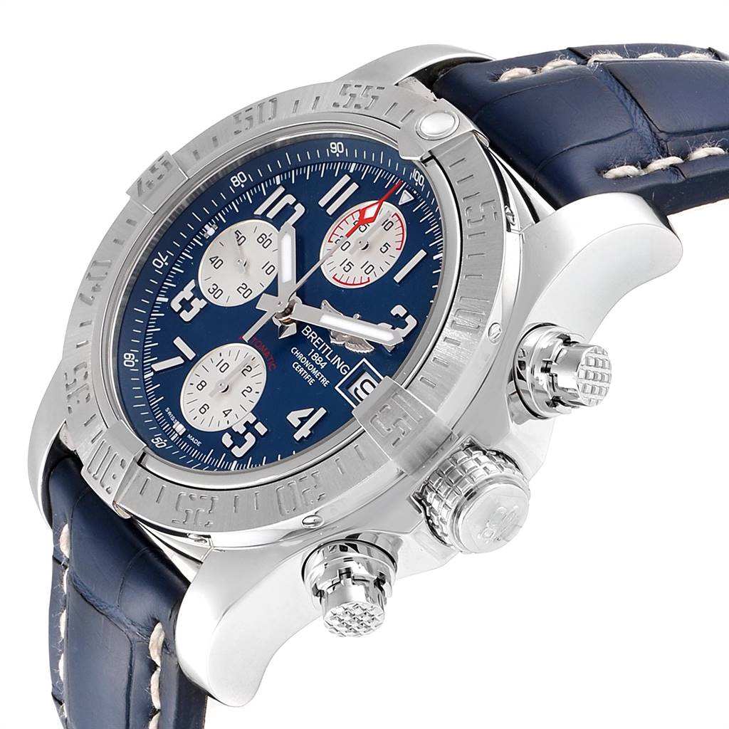 This image shows a side angle of the Breitling Avenger A13381 Men's Stainless Steel Blue Dial A13381 Men's Stainless Steel Blue Dial watch, highlighting the bezel, chronograph subdials, crown, and pushers.