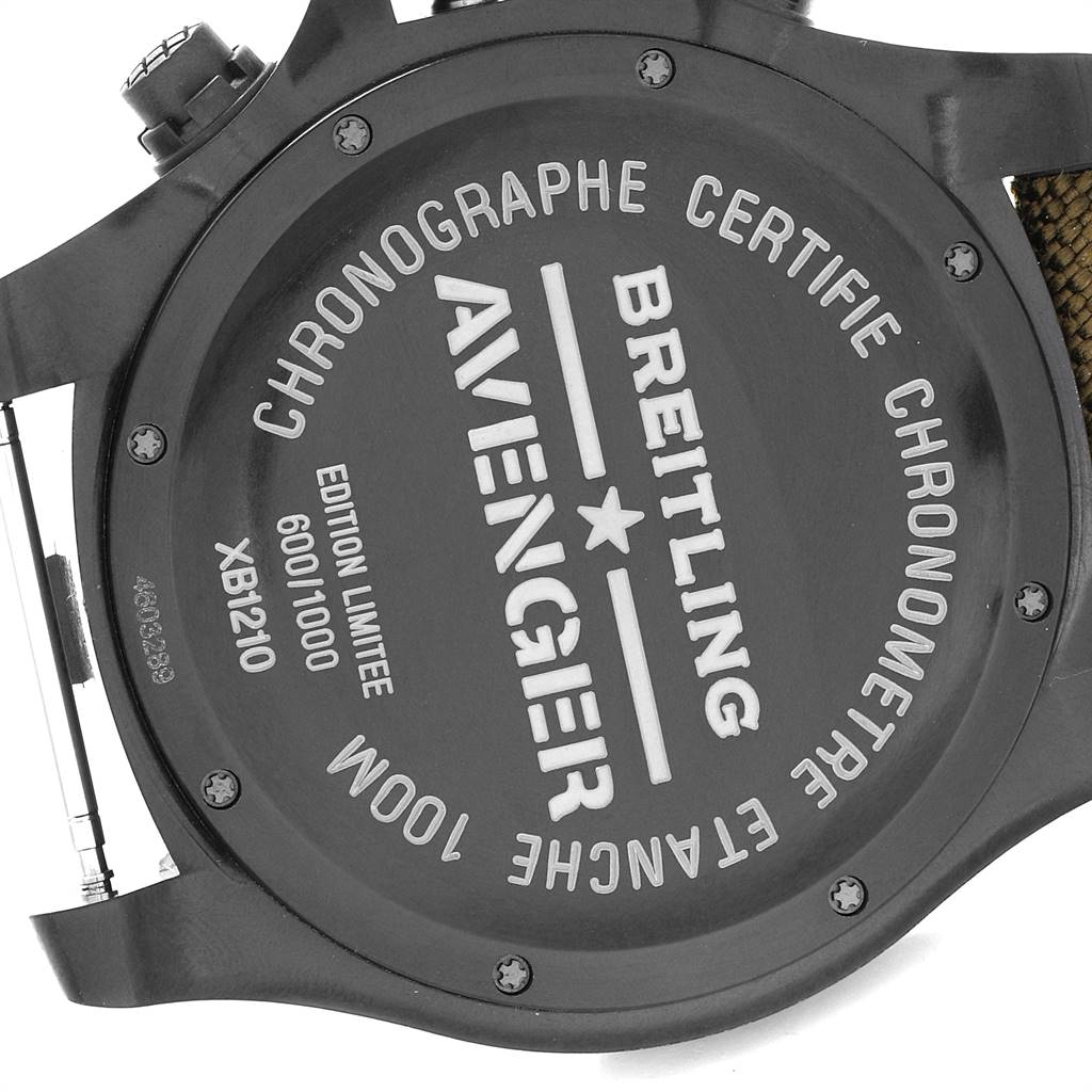 The image shows the back case of a Breitling Avenger XB12101A/BF46-283S Men's Titanium Black Dial XB12101A/BF46-283S Men's Titanium Black Dial watch at a close-up angle, displaying model details and serial numbers.