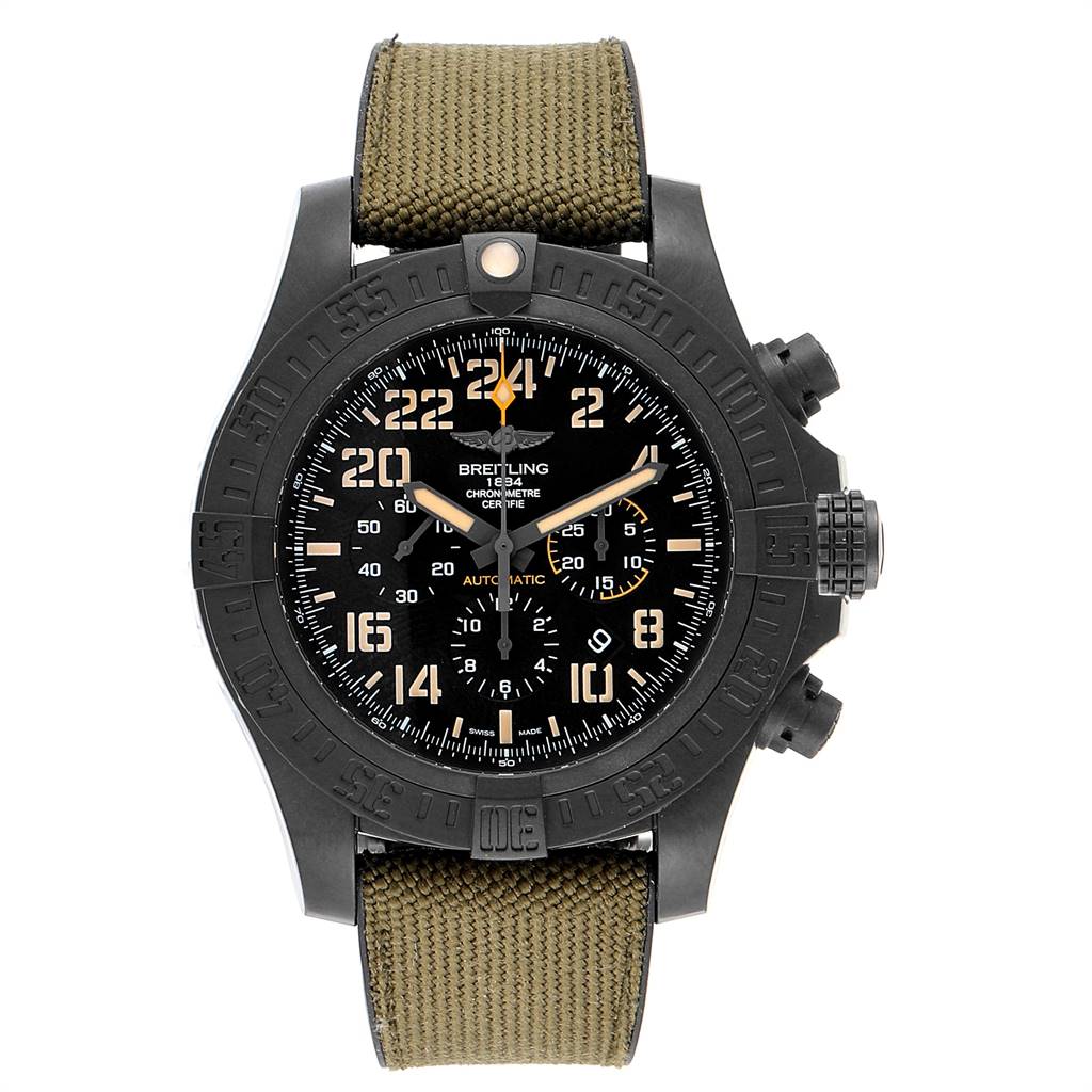 This image shows a front view of the Breitling Avenger XB12101A/BF46-283S Men's Titanium Black Dial XB12101A/BF46-283S Men's Titanium Black Dial watch, highlighting the dial, bezel, strap, and chronograph subdials.
