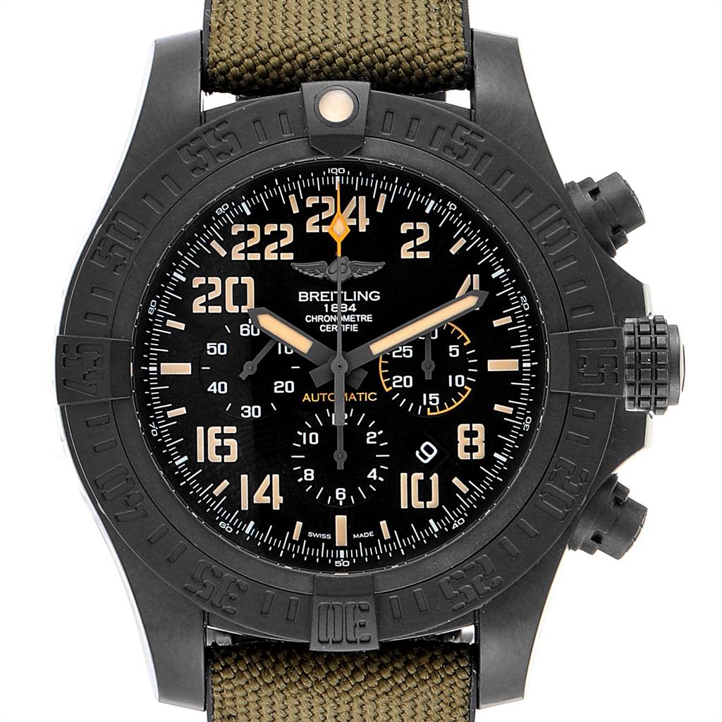 This image shows a front view of a Breitling Avenger XB12101A/BF46-283S Men's Titanium Black Dial XB12101A/BF46-283S Men's Titanium Black Dial watch, displaying its face, bezel, and chronograph pushers.