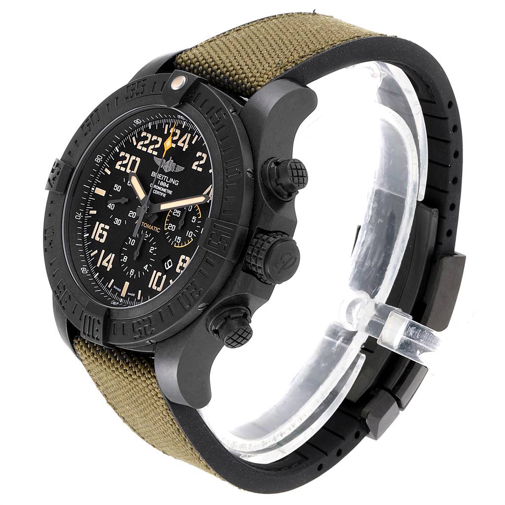 The Breitling Avenger XB12101A/BF46-283S Men's Titanium Black Dial XB12101A/BF46-283S Men's Titanium Black Dial watch is shown at a three-quarter angle, displaying the face, bezel, crown, pushers, and part of the strap.