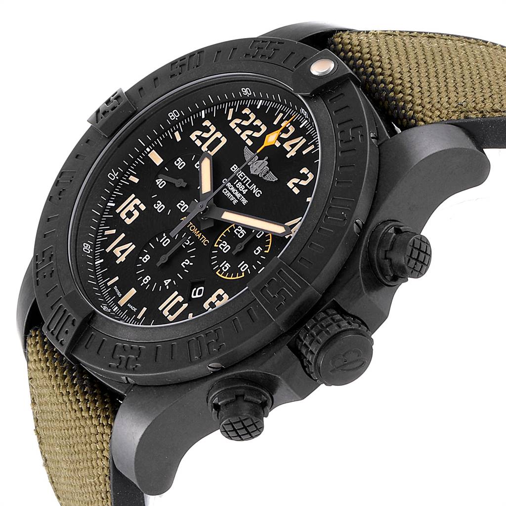 The image shows a Breitling Avenger XB12101A/BF46-283S Men's Titanium Black Dial XB12101A/BF46-283S Men's Titanium Black Dial watch at a three-quarter angle, highlighting the bezel, dial, crown, pushers, and green strap.