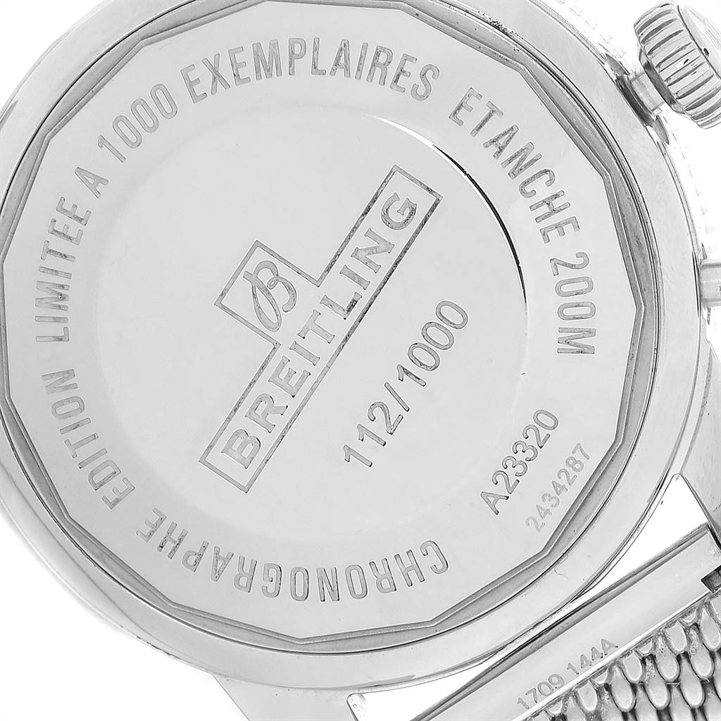 This image shows the back case of a Breitling Superocean A23320 Men
s Stainless Steel Blue Dial A23320 Men
s Stainless Steel Blue Dial watch, detailing its limited edition number and water resistance.