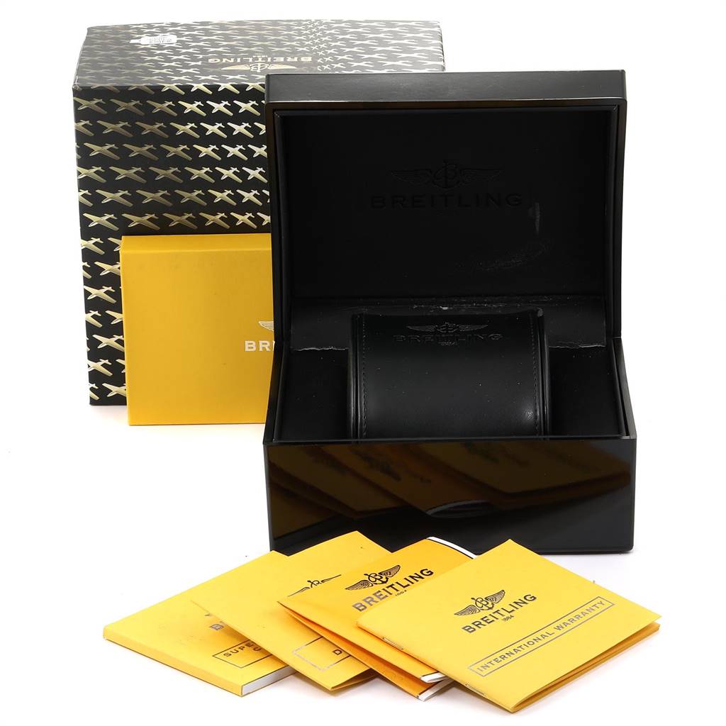 The image shows the packaging and documents for a Breitling Superocean A23320 Men
s Stainless Steel Blue Dial A23320 Men
s Stainless Steel Blue Dial watch, including the box, case, and manuals.