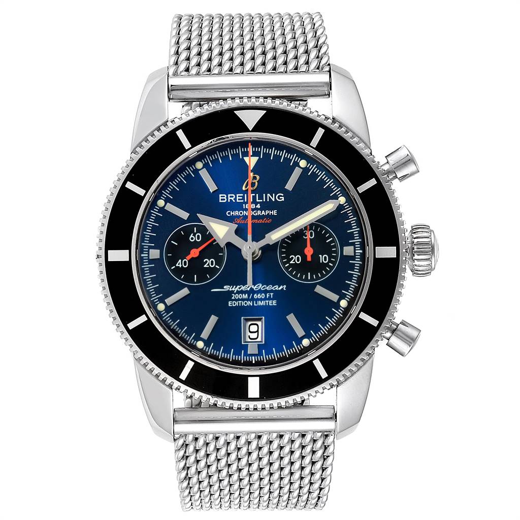 Front view of the Breitling Superocean A23320 Men
s Stainless Steel Blue Dial A23320 Men
s Stainless Steel Blue Dial watch displaying its dial, bezel, crown, pushers, and mesh bracelet.