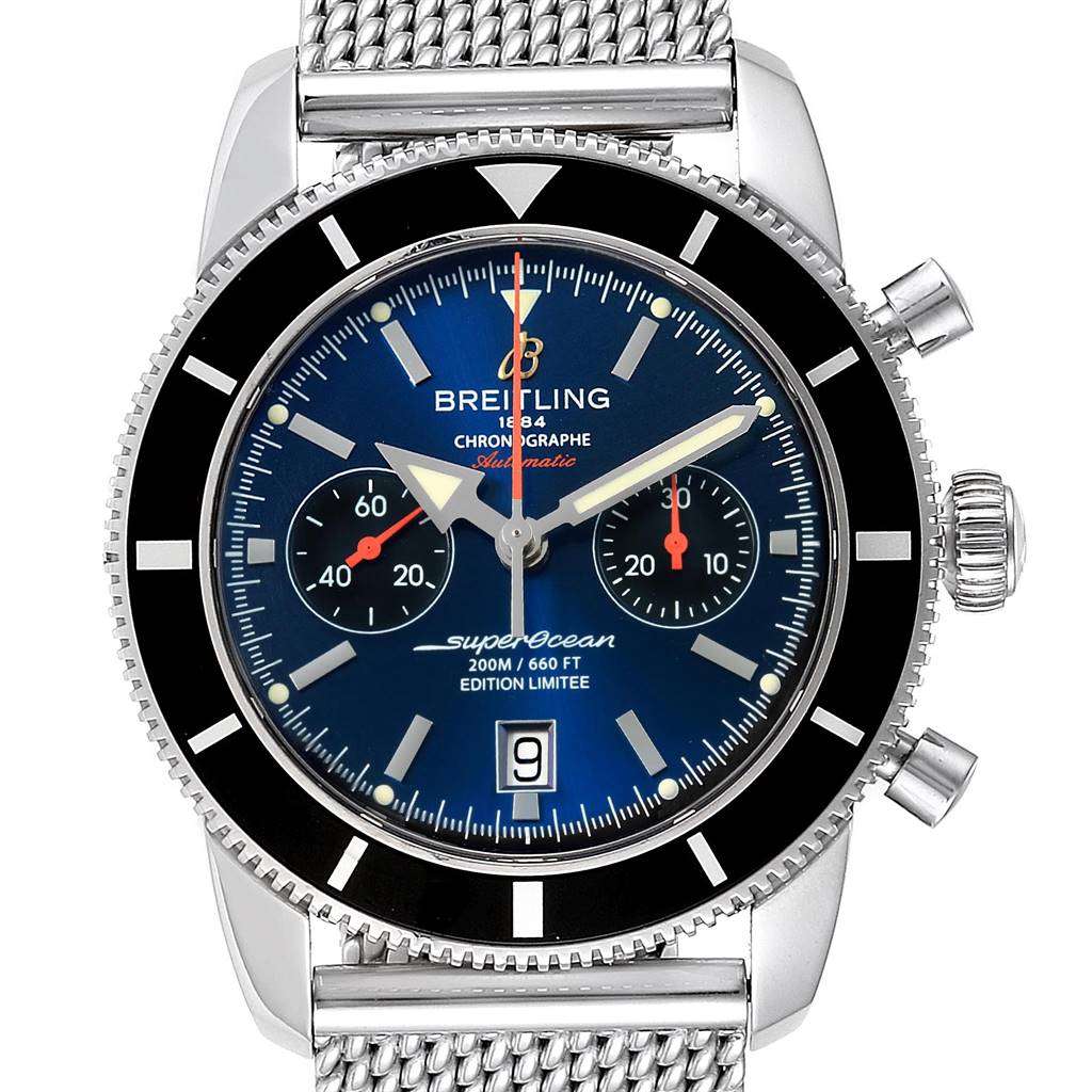 The image shows a front view of the Breitling Superocean A23320 Men
s Stainless Steel Blue Dial A23320 Men
s Stainless Steel Blue Dial watch, highlighting its dial, bezel, and mesh strap.