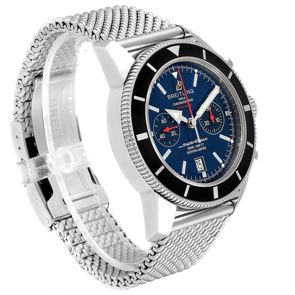 The image shows a side view of the Breitling Superocean A23320 Men
s Stainless Steel Blue Dial A23320 Men
s Stainless Steel Blue Dial model, highlighting the dial, bezel, and mesh bracelet.
