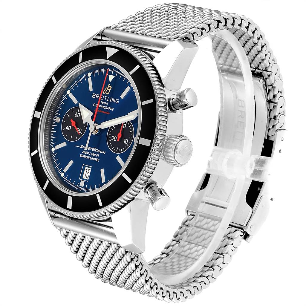 The image shows a Breitling Superocean A23320 Men
s Stainless Steel Blue Dial A23320 Men
s Stainless Steel Blue Dial chronograph watch at a three-quarter angle, highlighting the face, bezel, pushers, and mesh bracelet.