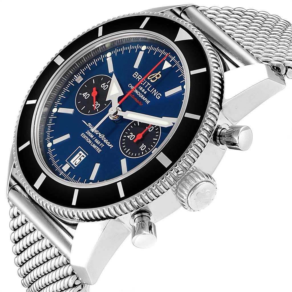 The image shows a close-up angled view of the Breitling Superocean A23320 Men
s Stainless Steel Blue Dial A23320 Men
s Stainless Steel Blue Dial watch, highlighting the face, bezel, crown, pushers, and part of the mesh bracelet.