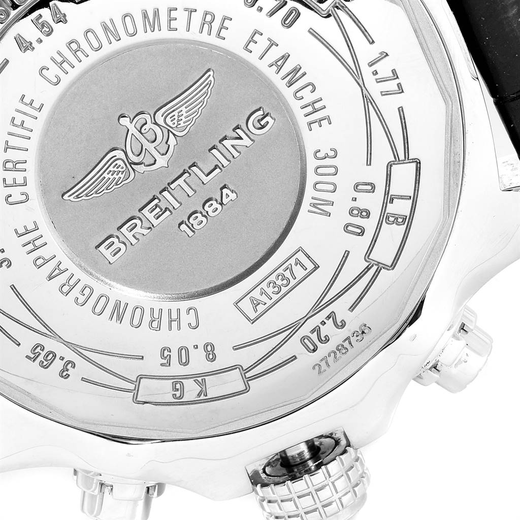 The image shows the back case of a Breitling Avenger A13371 Men
s Stainless Steel Black Dial A13371 Men
s Stainless Steel Black Dial watch, displaying the brand’s logo, model number, and various specifications.