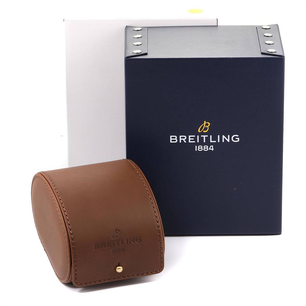 The image shows the packaging and leather case for a Breitling Avenger A13371 Men
s Stainless Steel Black Dial A13371 Men
s Stainless Steel Black Dial watch, including an outer box and travel case.