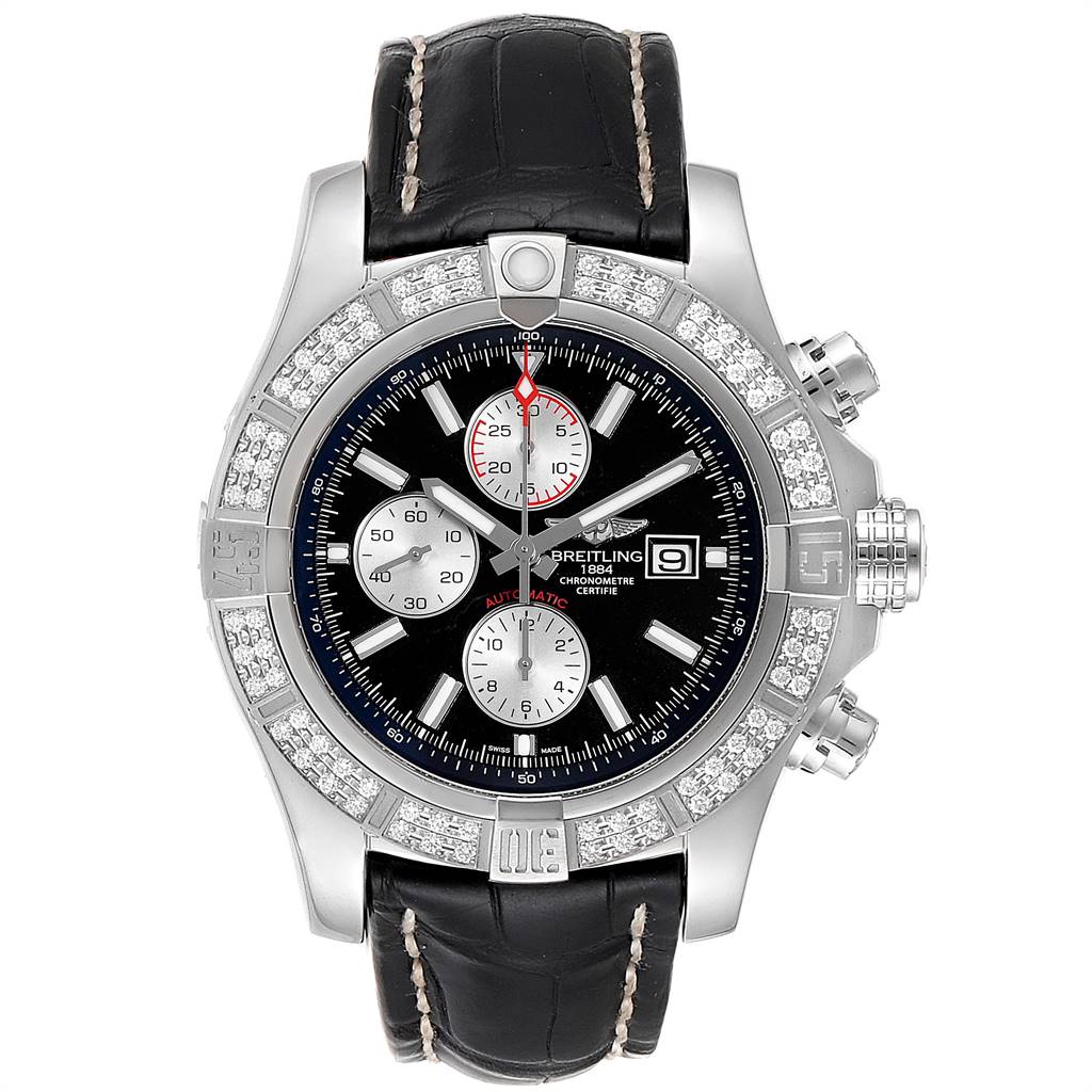 The image shows a front view of a Breitling Avenger A13371 Men
s Stainless Steel Black Dial A13371 Men
s Stainless Steel Black Dial watch with a black leather strap and diamond bezel.