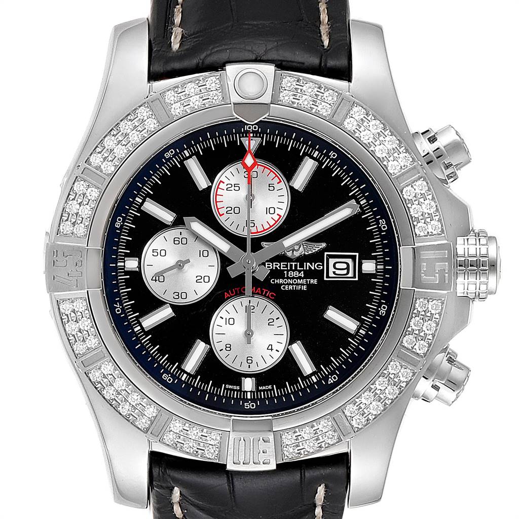 The image shows a Breitling Avenger A13371 Men
s Stainless Steel Black Dial A13371 Men
s Stainless Steel Black Dial watch from a front view, highlighting its bezel, dials, and date display.