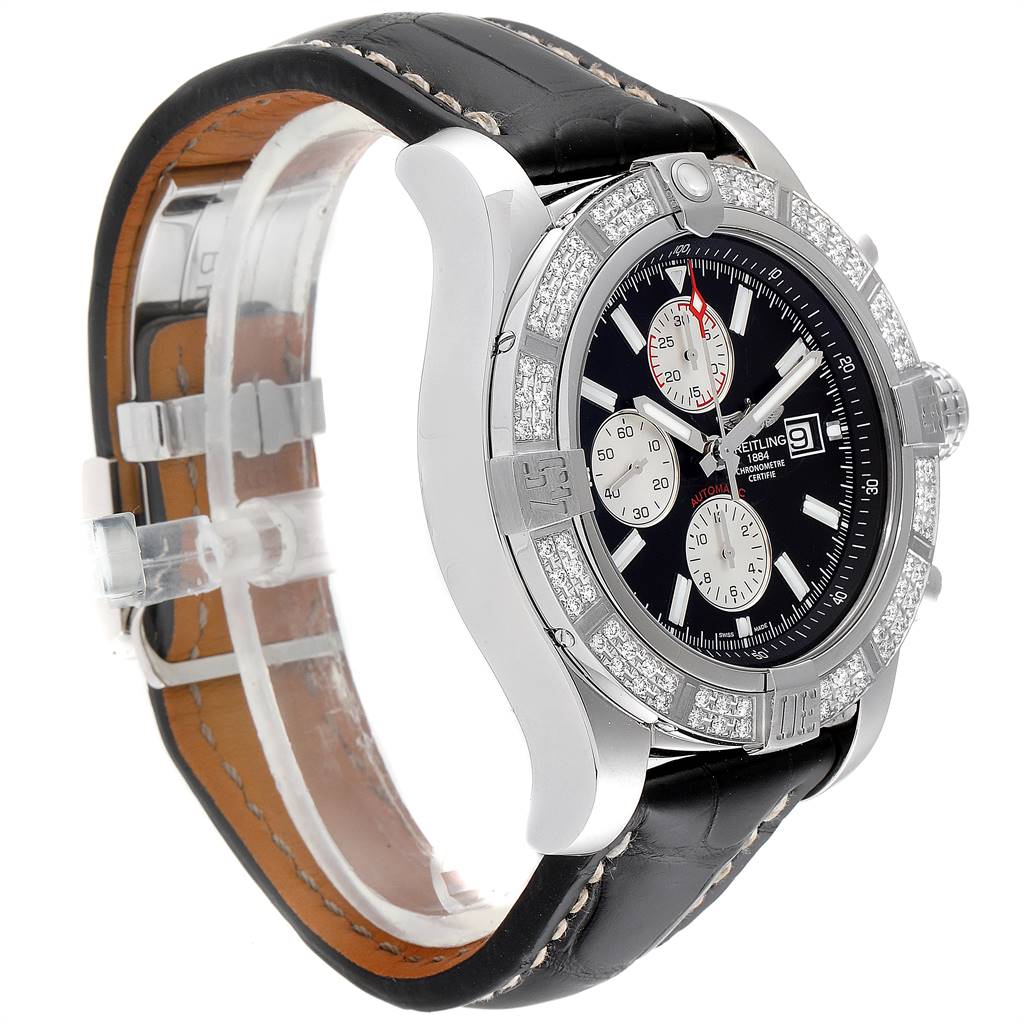 The Breitling Avenger A13371 Men
s Stainless Steel Black Dial A13371 Men
s Stainless Steel Black Dial watch is shown at a side angle, displaying its bezel, dial, watch case, and strap.