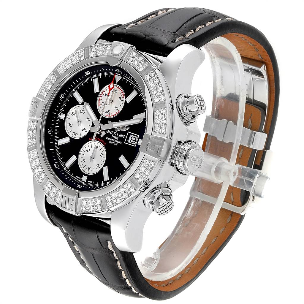 The image shows a Breitling Avenger A13371 Men
s Stainless Steel Black Dial A13371 Men
s Stainless Steel Black Dial watch at a three-quarter angle, highlighting the black dial, chronograph sub-dials, and leather strap.