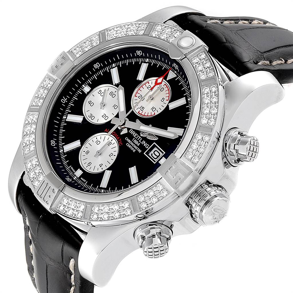 The Breitling Avenger A13371 Men
s Stainless Steel Black Dial A13371 Men
s Stainless Steel Black Dial watch is shown at an angle highlighting the face, bezel with diamonds, and side buttons.