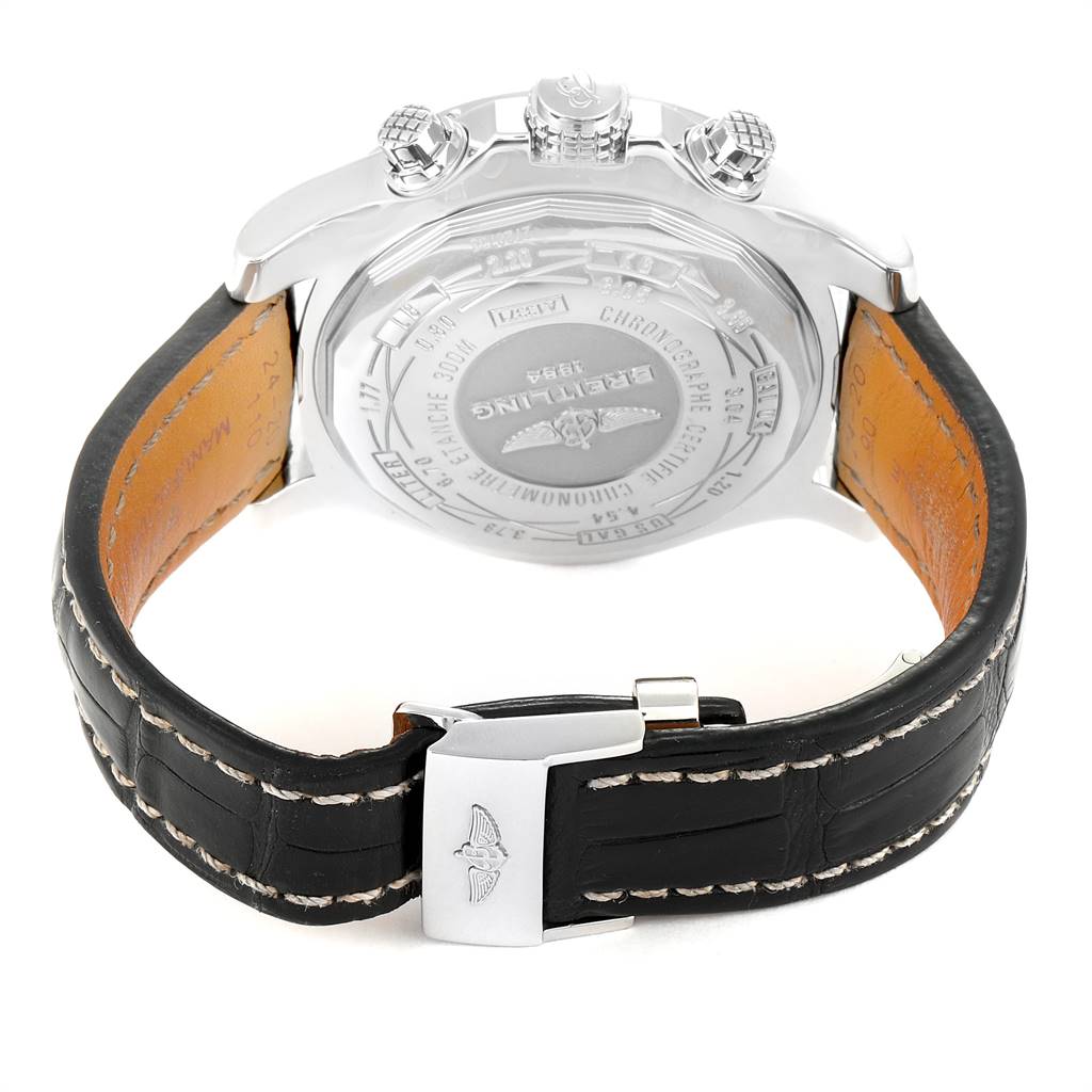 This image shows the back view of the Breitling Avenger A13371 Men
s Stainless Steel Black Dial A13371 Men
s Stainless Steel Black Dial watch, highlighting the case back, crown, pushers, and leather strap.