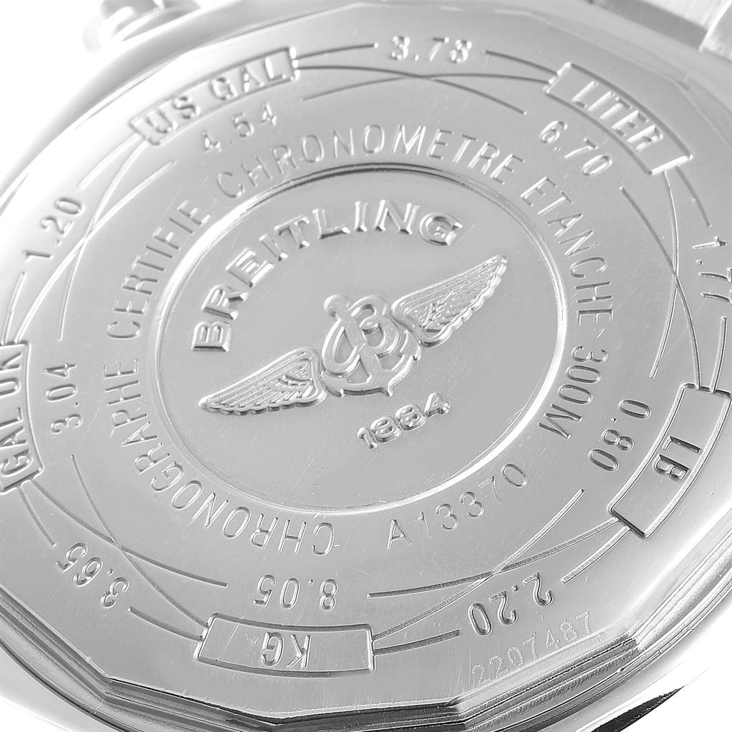 This image shows the case back of a Breitling Avenger A13370 Men
s Stainless Steel White Dial A13370 Men
s Stainless Steel White Dial watch, displaying brand markings and specifications.