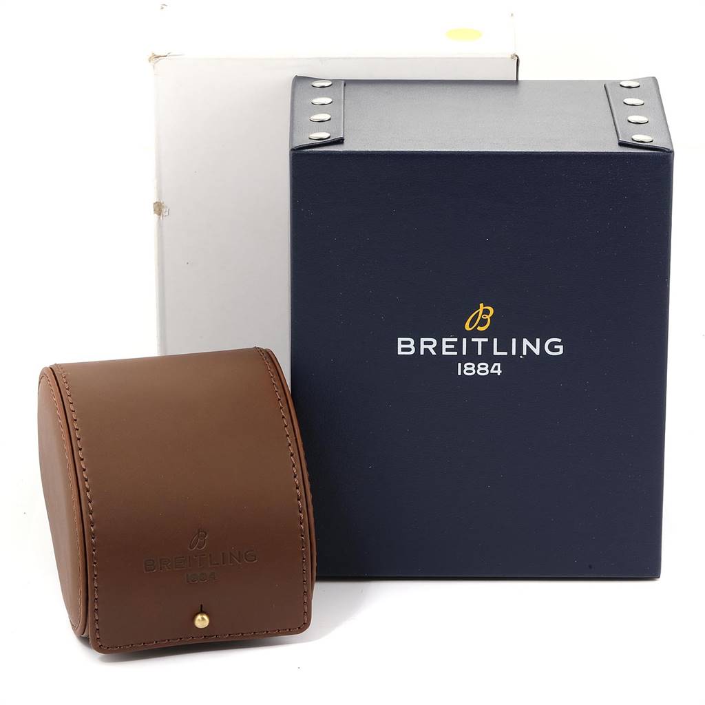 The image shows the packaging for a Breitling Avenger A13370 Men
s Stainless Steel White Dial A13370 Men
s Stainless Steel White Dial watch, including a navy blue box and brown leather case.