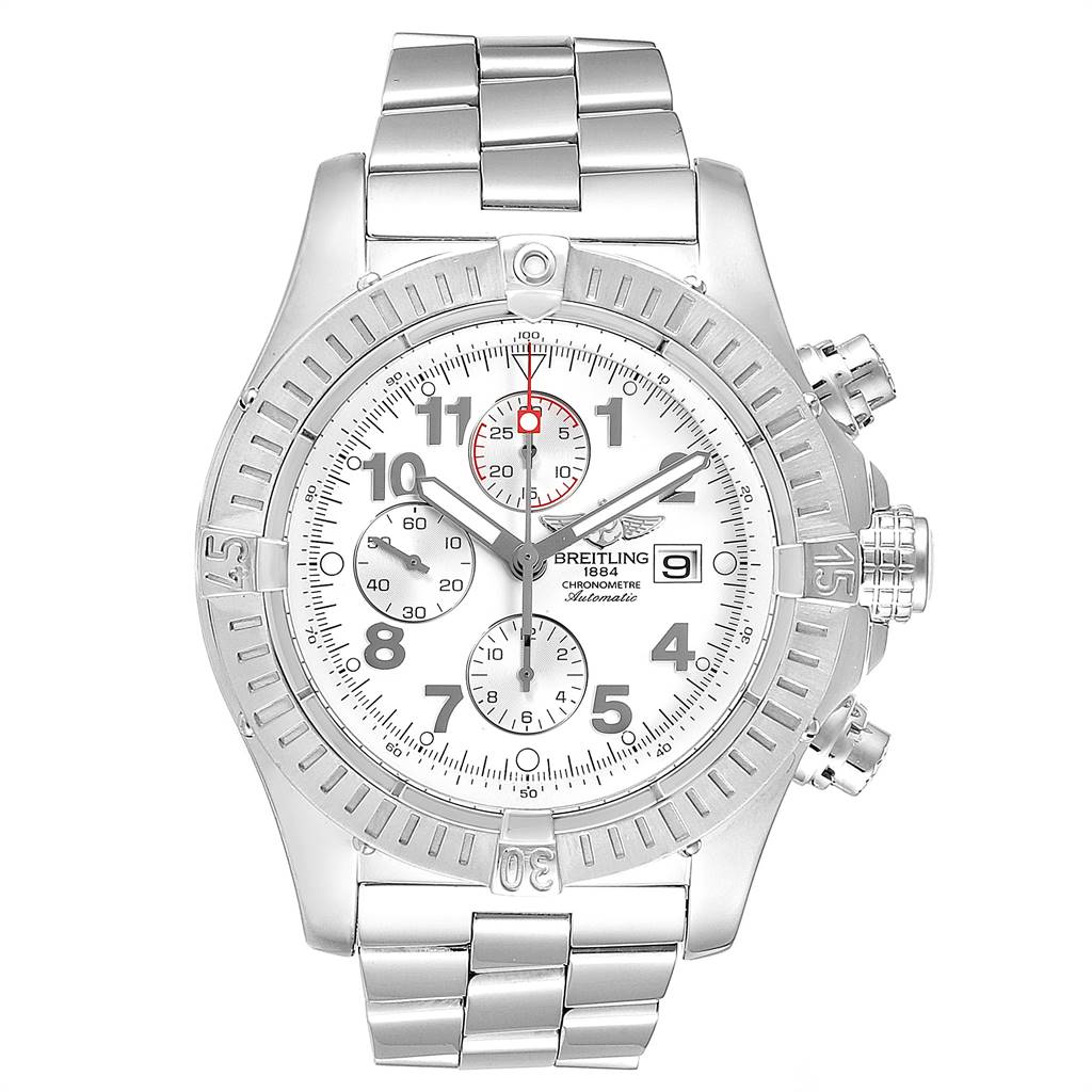 The Breitling Avenger A13370 Men
s Stainless Steel White Dial A13370 Men
s Stainless Steel White Dial watch is shown from a front view, displaying its dial, bezel, and stainless steel bracelet.