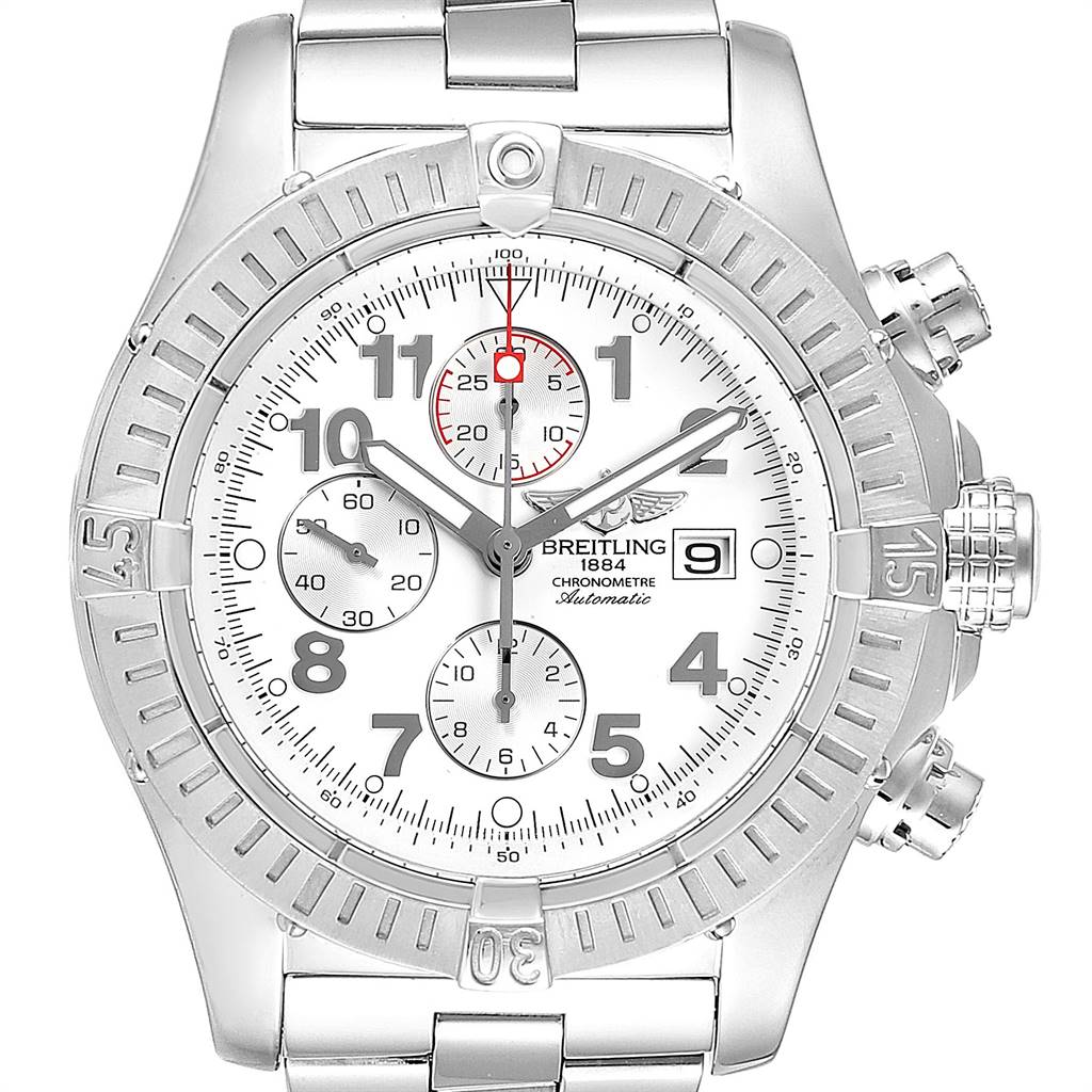 The Breitling Avenger A13370 Men
s Stainless Steel White Dial A13370 Men
s Stainless Steel White Dial watch is shown from a front angle, highlighting its dial, bezel, and bracelet.
