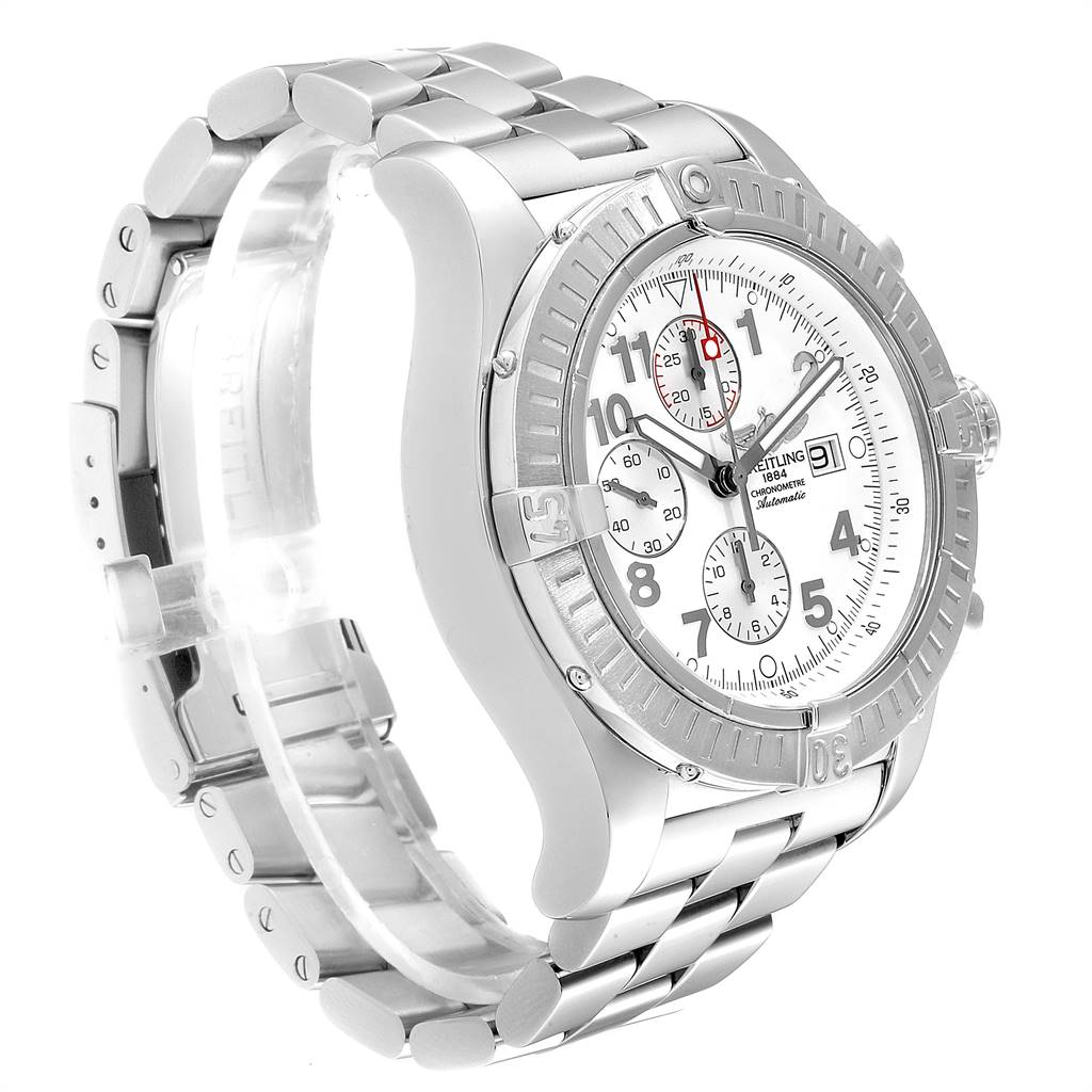 The image shows a front-side angle of a Breitling Avenger A13370 Men
s Stainless Steel White Dial A13370 Men
s Stainless Steel White Dial watch, focusing on the face, bezel, and metal bracelet.