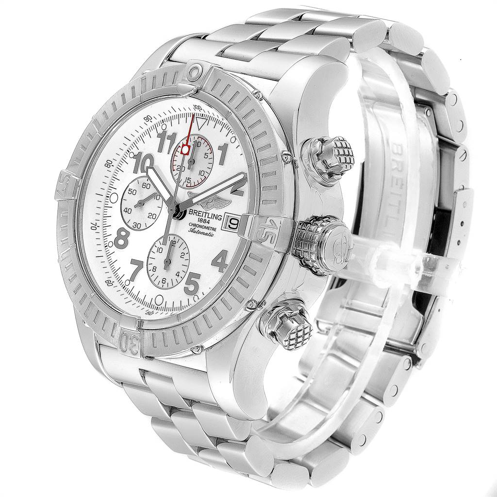The image shows a Breitling Avenger A13370 Men
s Stainless Steel White Dial A13370 Men
s Stainless Steel White Dial watch at a 3/4 angle, highlighting the face, crown, pushers, and metal bracelet.