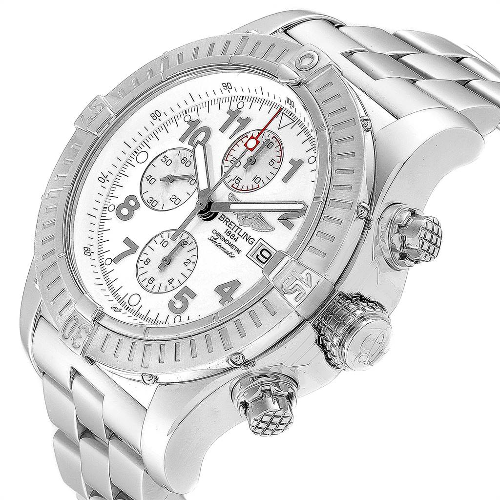 This image of the Breitling Avenger A13370 Men
s Stainless Steel White Dial A13370 Men
s Stainless Steel White Dial watch is taken at a 45-degree angle, highlighting the face, bezel, crown, and bracelet.