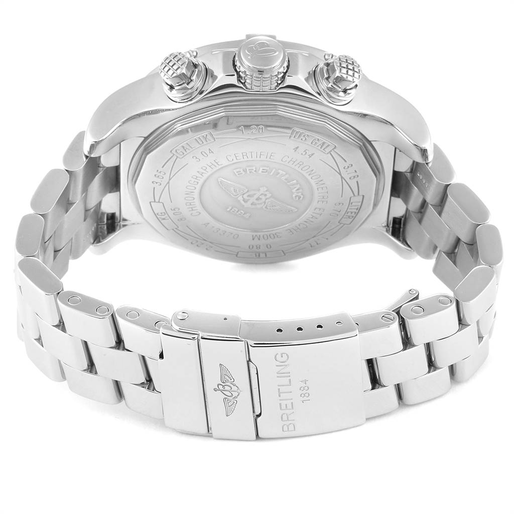 The image shows the back case and bracelet of a Breitling Avenger A13370 Men
s Stainless Steel White Dial A13370 Men
s Stainless Steel White Dial watch, highlighting the clasp and engraved case back.
