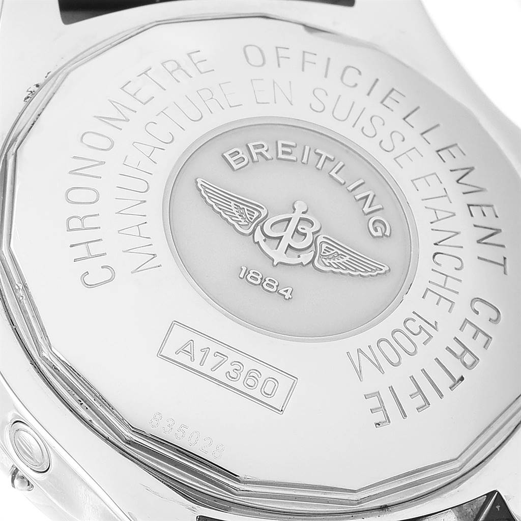 The image shows the case back of the Breitling Superocean A17360 Men's Stainless Steel Beige Dial A17360 Men's Stainless Steel Beige Dial model with various engravings and serial number.