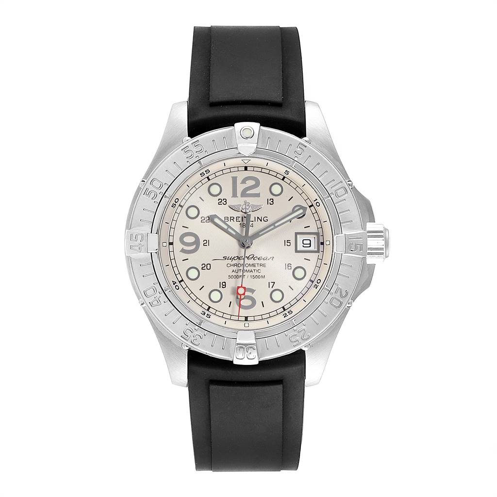 The image shows a front view of the Breitling Superocean A17360 Men's Stainless Steel Beige Dial A17360 Men's Stainless Steel Beige Dial model, displaying its face, bezel, and rubber strap.