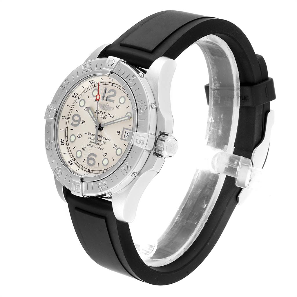 The image shows the side and front angle of the Breitling Superocean A17360 Men's Stainless Steel Beige Dial A17360 Men's Stainless Steel Beige Dial watch with a black strap and silver bezel.